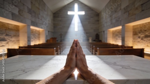 십자가빛을받으며기도하는손과대리석제단