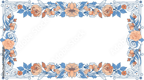 Vintage decorative floral border with intricate blue scrolls and peach roses, elegant rectangular frame for wedding invitations and certificates.