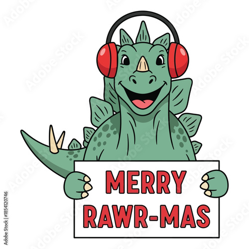Stegosaurus dinosaur with headphones holding sign with merry rawr-mas greeting text