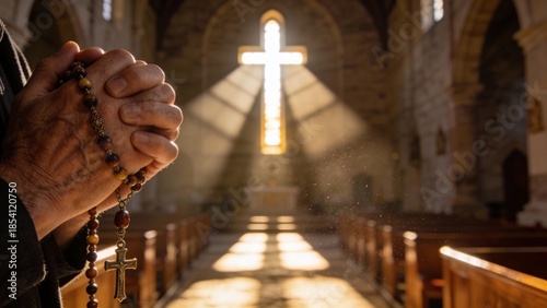 성당에서_묵주를_든_기도하는_손과_십자가빛