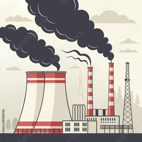 Industrial factory with smokestacks emitting black smoke
