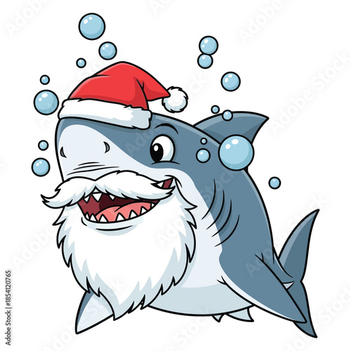 Jolly smiling santa shark cartoon with white mustache and beard surrounded by bubbles