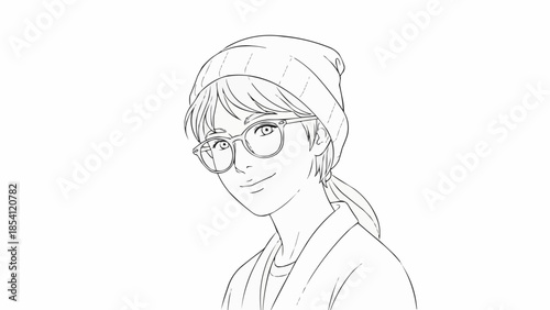 Line Drawing of Young Woman Wearing Headscarf and Glasses.