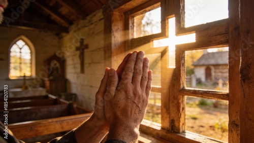 시골교회에서기도하는손과아침햇살