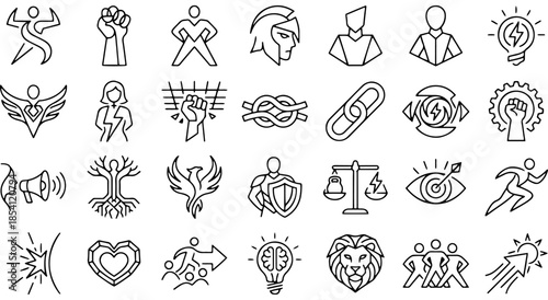 Collection of modern minimalist icons representing strength, unity, and success Vector