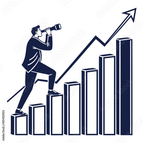 Businessman looking through binoculars on bar graph with rising arrow