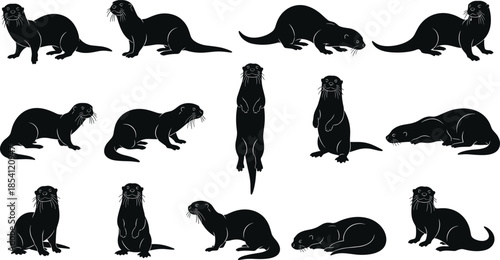 Otter silhouette collection, river and sea otter poses, wildlife mammal set, black vector illustration isolated white background