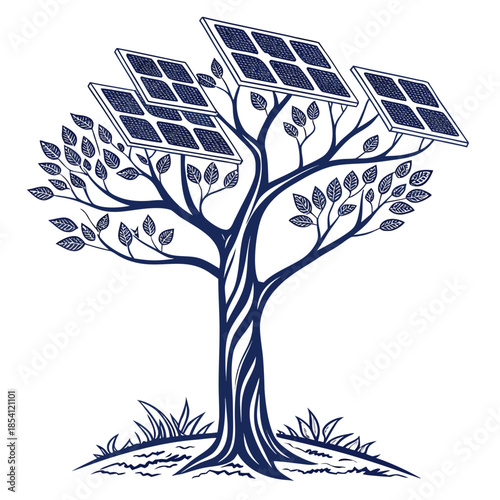 Tree made of metal branches with solar panels instead of leaves