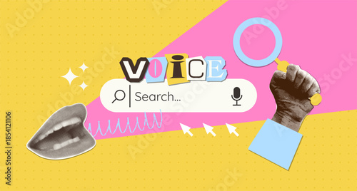Voice search metaphor. Questioning mouth and Human hand with magnifying glass in dotted style. Search bar with halftone collage elements. Vector mixed media design. AI or voice assistant concept.