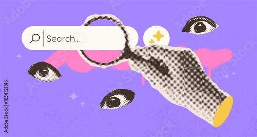 Quirky ai searching collage with halftone hand, eyes and search box. Person looking for information in the search bar. Concept of looking, finding opportunities and knowledge in internet. SEO concept