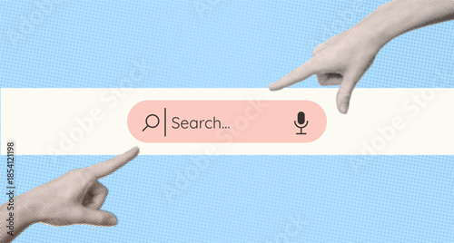 Minimal vintage collage search concept. Dotted Halftone paper hands pointing at and interacting with search bar on retro textured background. Modern retro vector illustration mixed media design