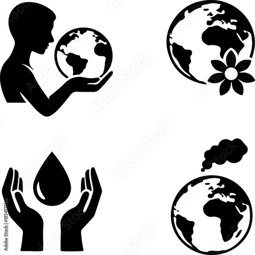 Set of four simple black and white vector icons representing environmental care global ecology sustainability and pollution isolated on white background