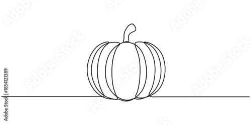 Continuous one line drawing of a pumpkin vegetable with a curved stem minimalist art style.