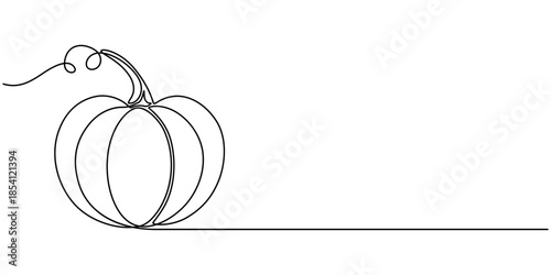 Continuous one line drawing of a pumpkin vegetable with a curved stem minimalist art style.
