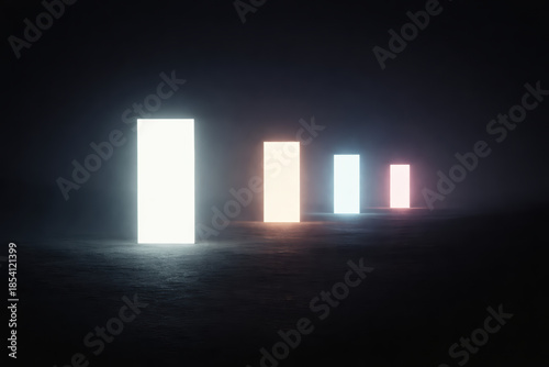 Glowing rectangle illuminated panel minimal installation futuristic portal luminous monolith moody scene four panels receding into fog evoking quiet wonder