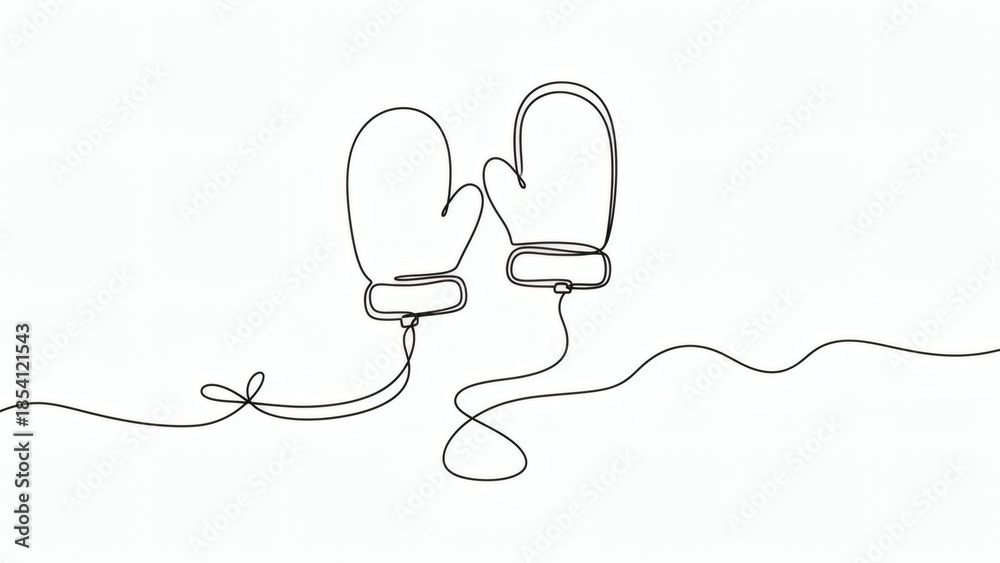 Obraz premium Winter Warmth Mittens in a Single Line with minimalist design on white.