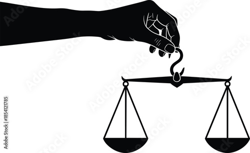 Flat vector illustration of hand holding imbalance scale, concept of justice, fairness, decision-making, control, silhouette symbol, legal metaphor