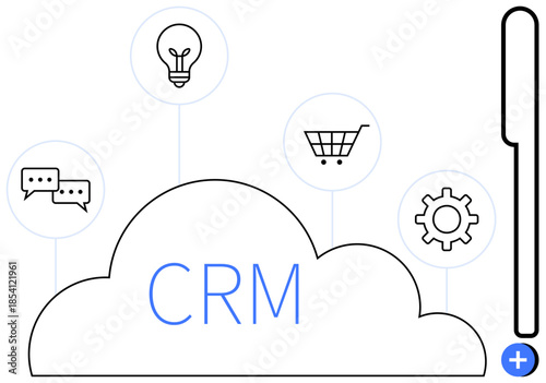 CRM concept. CRM solutions enhance customer engagement and operational efficiency through communication, shopping, and gear icons. CRM supports business operations, customer service, automation