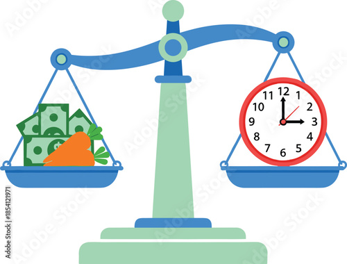 Flat vector illustration of balanced scale with money, vegetables, and clock, concept of time value, healthy lifestyle, financial planning
