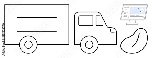 Logistics, delivery services, supply chain, transportation, location tracking, fleet management. Outline of a truck, computer screen with analytics and a bean shape graphic. Logistics and delivery