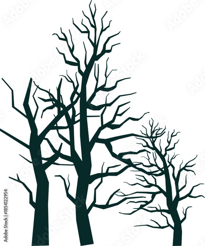 Bare trees silhouette against white background