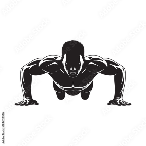 A muscular man performing a push up exercise in a black and white design