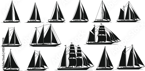 Sailing boat silhouette collection, classic sailboats and yachts, maritime nautical ship set, black vector illustration isolated white background