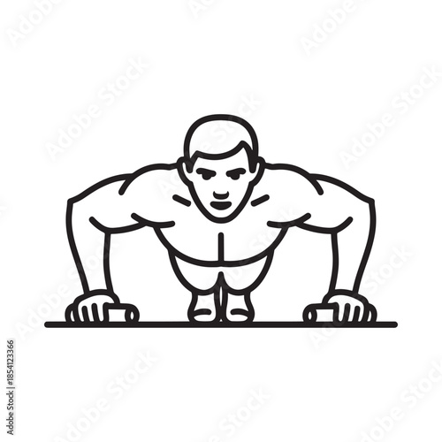A simple line drawing of a muscular man performing a push up exercise
