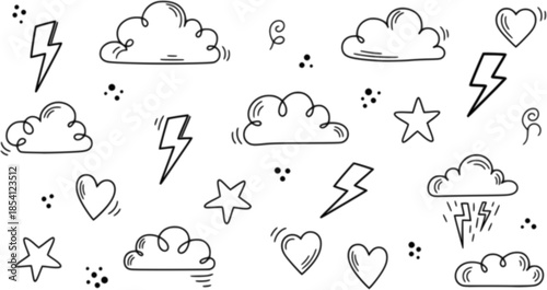 Playful Doodle Pattern Featuring Clouds, Stars, Hearts, and Lightening Bolts for Creative Projects or Fun Illustrations.
