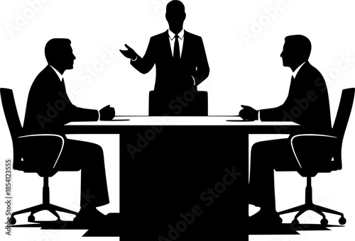 Business meeting silhouettes in minimalist style with black and white color scheme on plain background for corporate use
