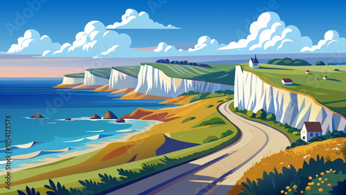 Very beautiful coastal path leading to Cuckmere Haven beach near Seaford, featuring white cliffs, rolling hills, and blue sea within the South Downs National Park landscape.