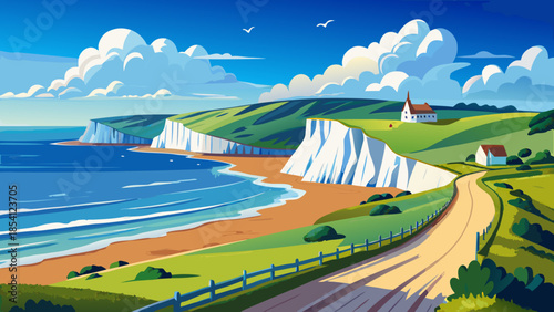 Very beautiful coastal path leading to Cuckmere Haven beach near Seaford, featuring white cliffs, rolling hills, and blue sea within the South Downs National Park landscape.