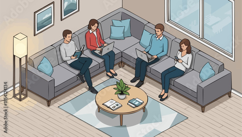 Group of People Sitting in Living Room.