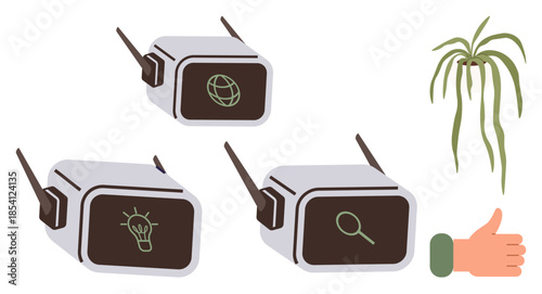 Modern gadgets with icons for web, idea, and search, featuring a plant and thumbs-up hand. Ideal for technology, connectivity, innovation, research growth nature approval. Simple flat metaphor