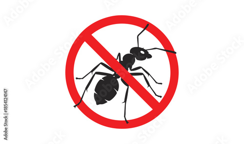 Pest Control Sign with Black Ant Silhouette and Red Prohibition Symbol, No Insects Vector Icon