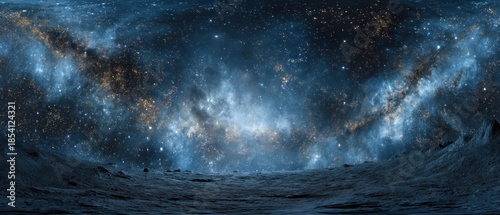 Cosmic panorama of a vibrant nebula and a rocky alien planet landscape