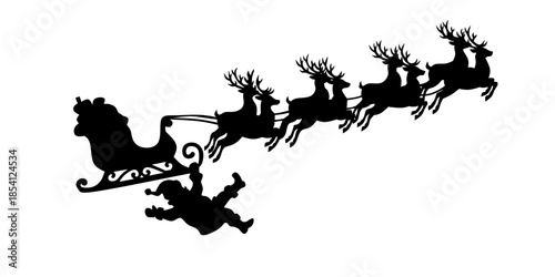 Santa Claus fall from sleigh on the reindeer. Black and white vector illustration. 