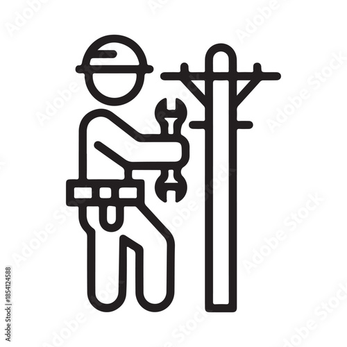 Lineman working on a utility pole performing maintenance with tools