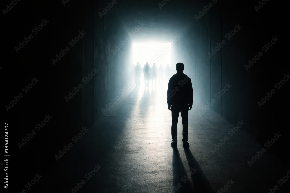 Fototapeta premium Solitary figure silhouette backlit corridor light evokes introspective mood as a lone person faces distant group and bright exit creating dramatic tension and hope