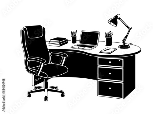 A distinct black-and-white vector illustration depicts a tidy office workspace featuring a plush executive chair, a curved desk with an open laptop, stacked books, and an adjustable desk lamp