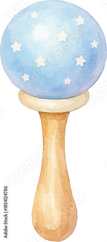 Blue baby rattle with wooden handle and white stars, cute watercolor newborn toy illustration