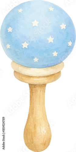 Blue baby rattle with white stars and wooden handle isolated on white background