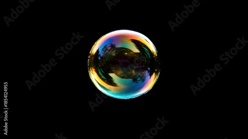Iridescent soap bubble sphere reflection rainbow colors dark background