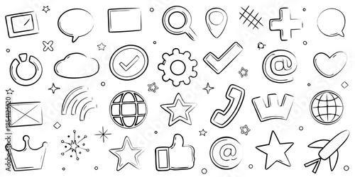 Doodle style collection of various hand drawn icons and symbols