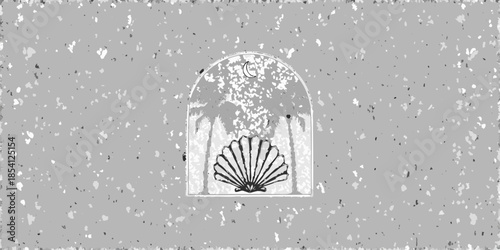 An arched window displays a seashell and floral arrangement in grayscale