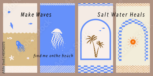 Abstract beach themed artwork with waves jellyfish palms and sun imagery
