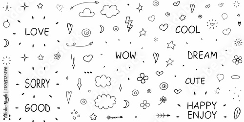 Black and white doodle pattern with hearts stars and handwritten words
