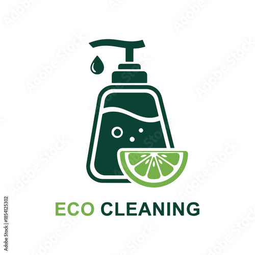 Green eco cleaning spray bottle with lime slice and drop