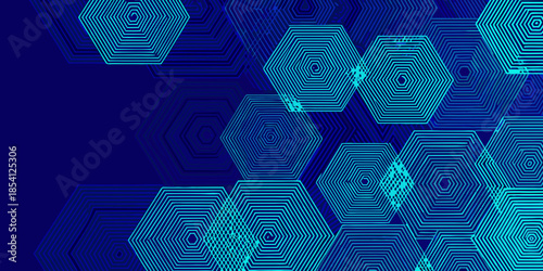 Abstract blue hexagonal pattern background with glowing lines and dark space