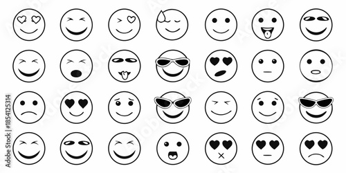 Collection of diverse black and white smiley face icons representing various expressions